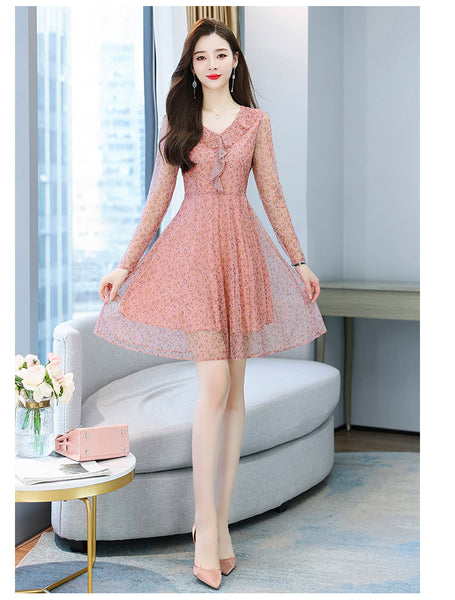 Large Size Women Clothing New fashion Floral Chiffon Temperament Waist Mid Length Skirt dress