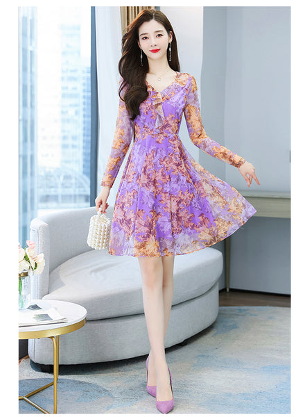 Large Size Women Clothing New fashion Floral Chiffon Temperament Waist Mid Length Skirt dress