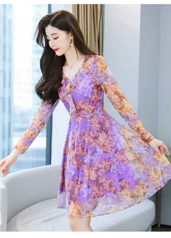 Large Size Women Clothing New fashion Floral Chiffon Temperament Waist Mid Length Skirt dress