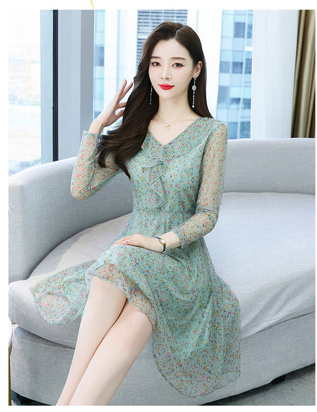 Large Size Women Clothing New fashion Floral Chiffon Temperament Waist Mid Length Skirt dress