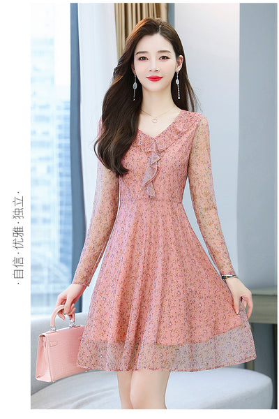 Large Size Women Clothing New fashion Floral Chiffon Temperament Waist Mid Length Skirt dress
