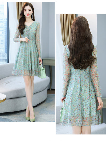 Large Size Women Clothing New fashion Floral Chiffon Temperament Waist Mid Length Skirt dress