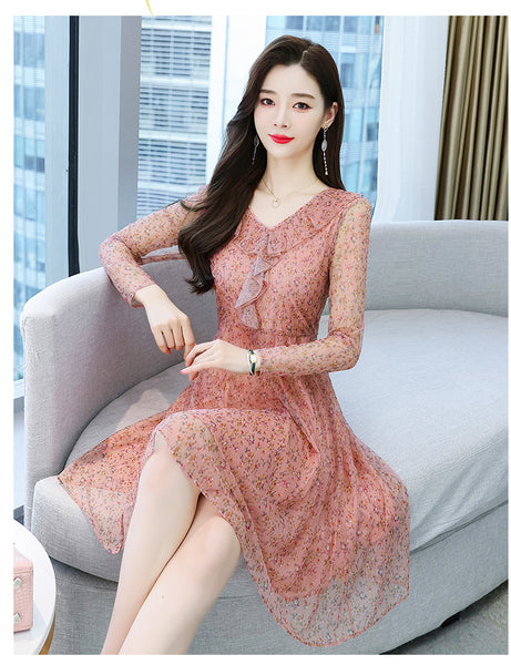 Large Size Women Clothing New fashion Floral Chiffon Temperament Waist Mid Length Skirt dress