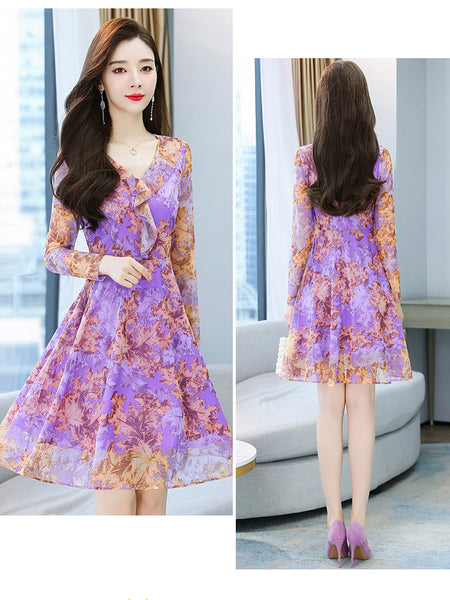 Large Size Women Clothing New fashion Floral Chiffon Temperament Waist Mid Length Skirt dress
