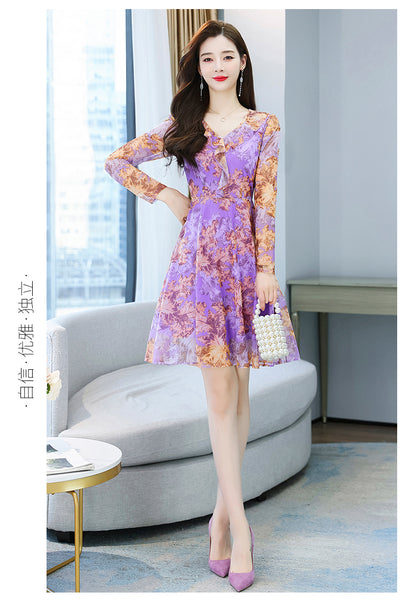 Large Size Women Clothing New fashion Floral Chiffon Temperament Waist Mid Length Skirt dress
