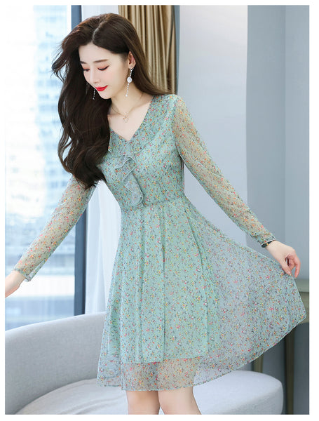 Large Size Women Clothing New fashion Floral Chiffon Temperament Waist Mid Length Skirt dress