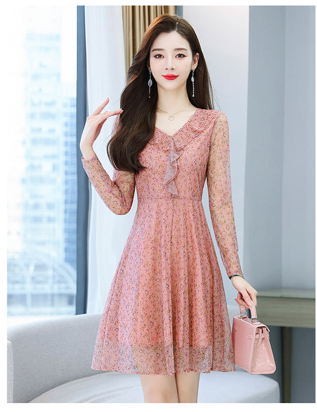 Large Size Women Clothing New fashion Floral Chiffon Temperament Waist Mid Length Skirt dress