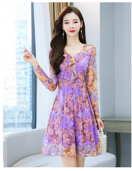 Large Size Women Clothing New fashion Floral Chiffon Temperament Waist Mid Length Skirt dress