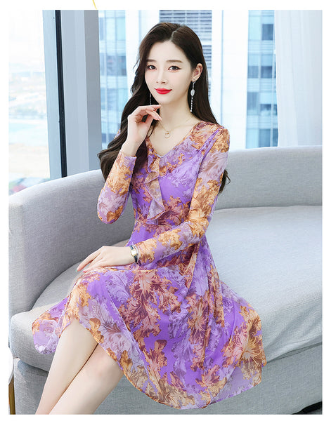 Large Size Women Clothing New fashion Floral Chiffon Temperament Waist Mid Length Skirt dress