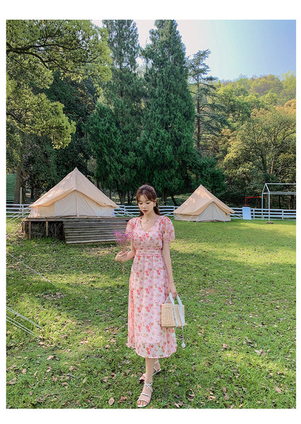 Cherry Blossom Flowers Printed Sweet V Neck Long Short Sleeved A Line Dress