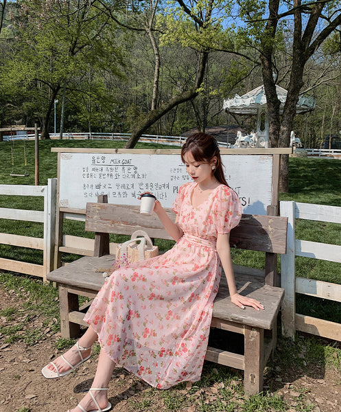 Cherry Blossom Flowers Printed Sweet V Neck Long Short Sleeved A Line Dress