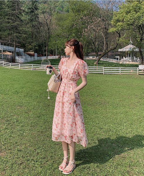 Cherry Blossom Flowers Printed Sweet V Neck Long Short Sleeved A Line Dress