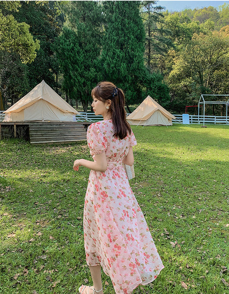 Cherry Blossom Flowers Printed Sweet V Neck Long Short Sleeved A Line Dress