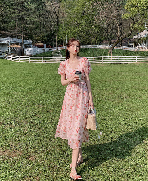 Cherry Blossom Flowers Printed Sweet V Neck Long Short Sleeved A Line Dress