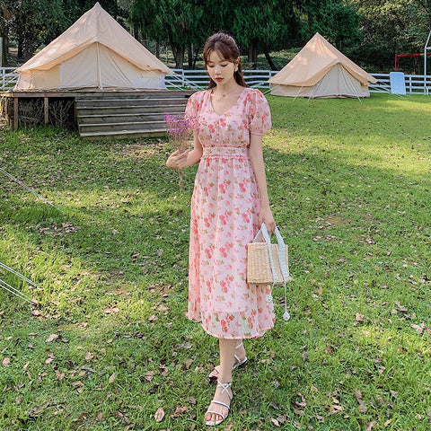 Cherry Blossom Flowers Printed Sweet V Neck Long Short Sleeved A Line Dress