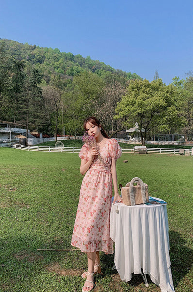 Cherry Blossom Flowers Printed Sweet V Neck Long Short Sleeved A Line Dress