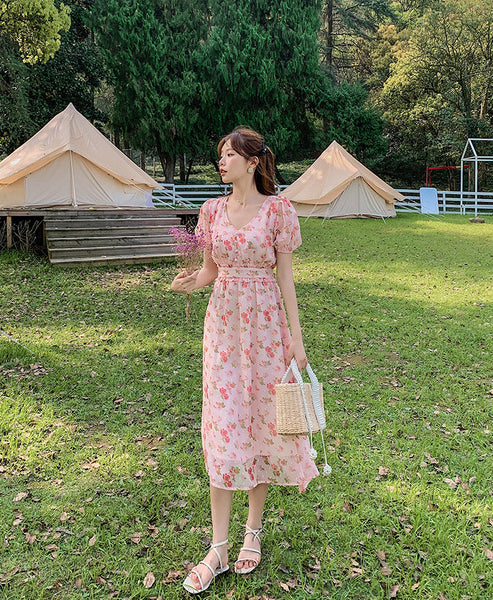 Cherry Blossom Flowers Printed Sweet V Neck Long Short Sleeved A Line Dress