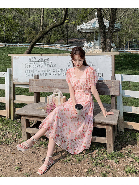 Cherry Blossom Flowers Printed Sweet V Neck Long Short Sleeved A Line Dress