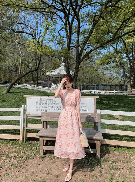 Cherry Blossom Flowers Printed Sweet V Neck Long Short Sleeved A Line Dress