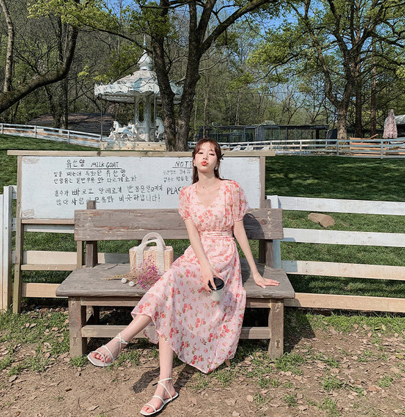 Cherry Blossom Flowers Printed Sweet V Neck Long Short Sleeved A Line Dress