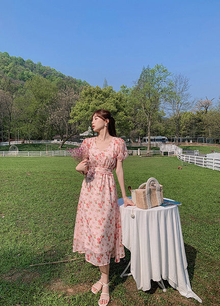 Cherry Blossom Flowers Printed Sweet V Neck Long Short Sleeved A Line Dress