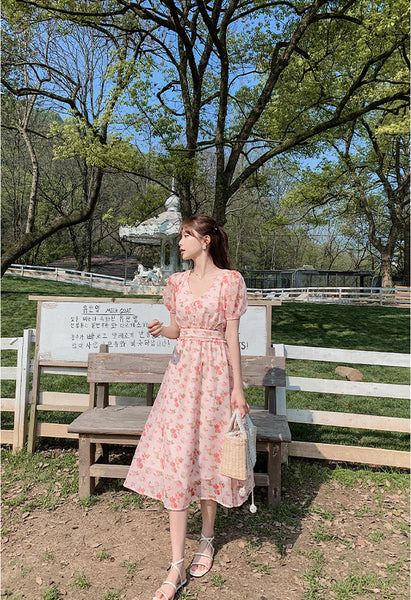 Cherry Blossom Flowers Printed Sweet V Neck Long Short Sleeved A Line Dress