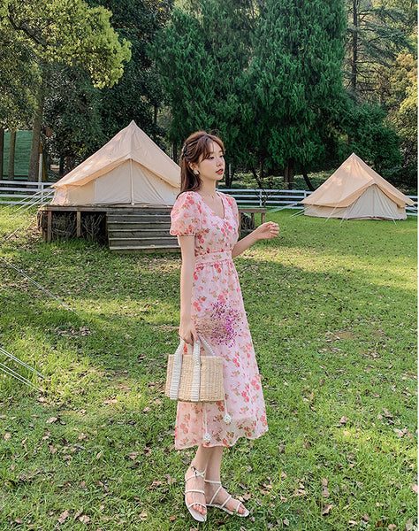 Cherry Blossom Flowers Printed Sweet V Neck Long Short Sleeved A Line Dress