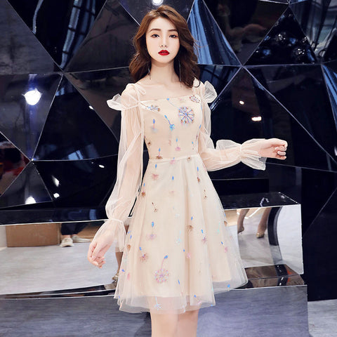 Banquet Evening Shoulder Sling Strap Temperament Fairy Elegant Champagne Dress