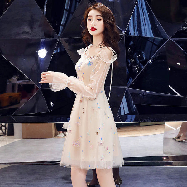 Banquet Evening Shoulder Sling Strap Temperament Fairy Elegant Champagne Dress