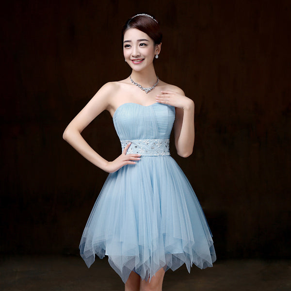 Beautiful Strapless Evening Light Blue Color Beading Prom Tutu Bridesmaid Dress