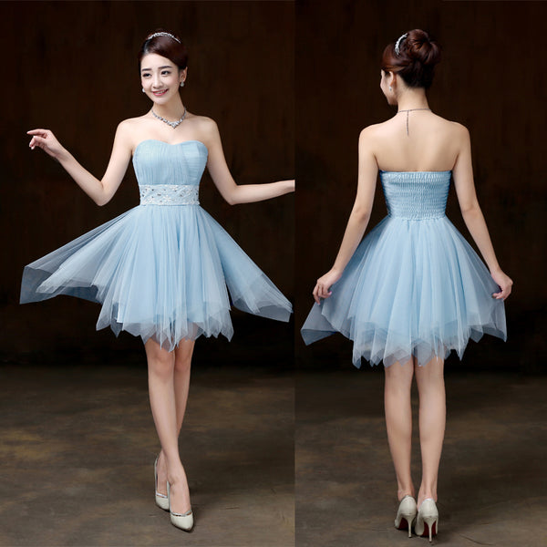 Beautiful Strapless Evening Light Blue Color Beading Prom Tutu Bridesmaid Dress