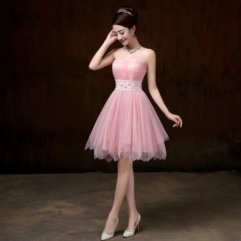 Beautiful Strapless Evening Pink Color Beading Prom Tutu Bridesmaid Dress