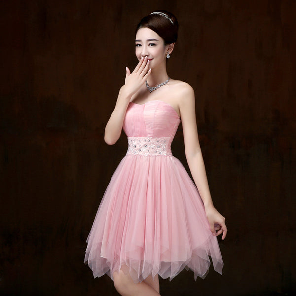 Beautiful Strapless Evening Pink Color Beading Prom Tutu Bridesmaid Dress