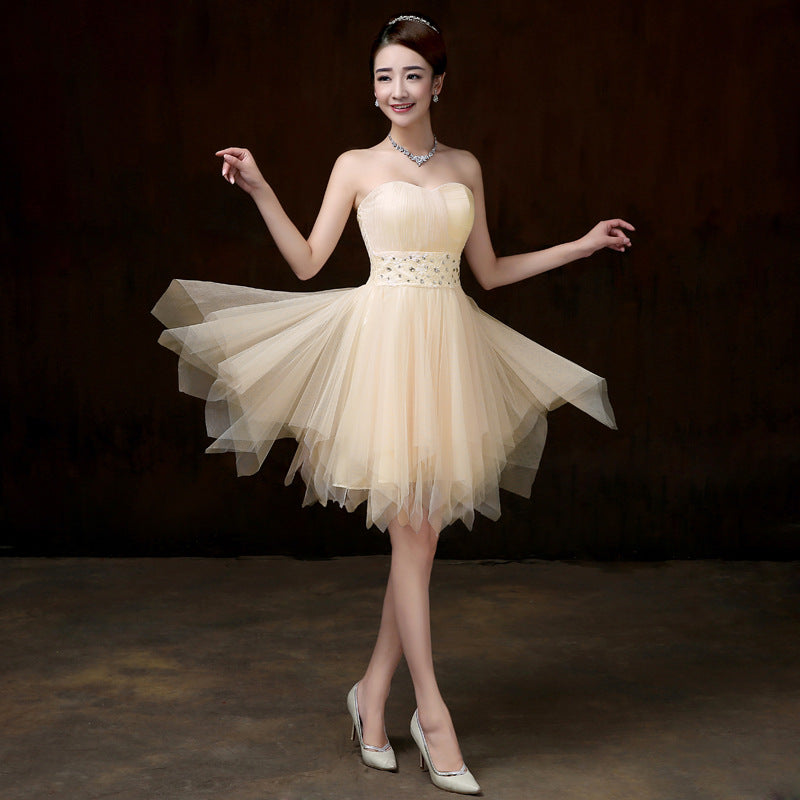 Beautiful Strapless Evening Light Yellow Color Beading Prom Tutu Bridesmaid Dress