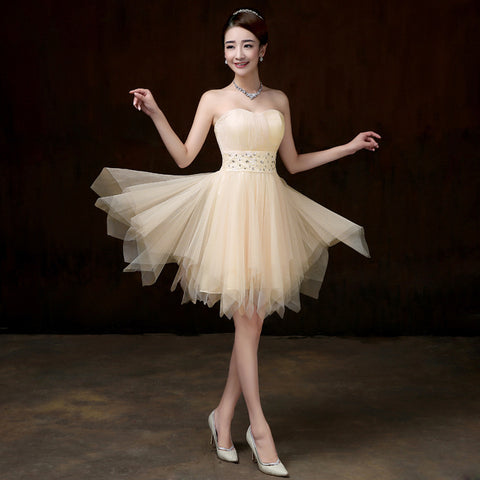 Beautiful Strapless Evening Light Yellow Color Beading Prom Tutu Bridesmaid Dress