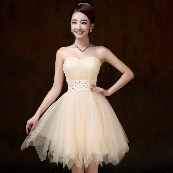 Beautiful Strapless Evening Light Yellow Color Beading Prom Tutu Bridesmaid Dress
