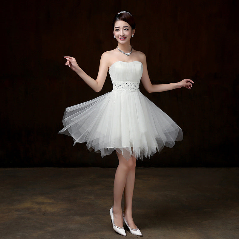 Beautiful Strapless Evening White Color Beading Prom Tutu Bridesmaid Dress