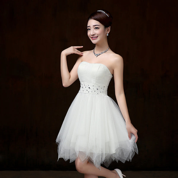 Beautiful Strapless Evening White Color Beading Prom Tutu Bridesmaid Dress