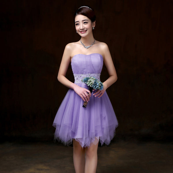 Beautiful Strapless Evening Purple Color Beading Prom Tutu Bridesmaid Dress