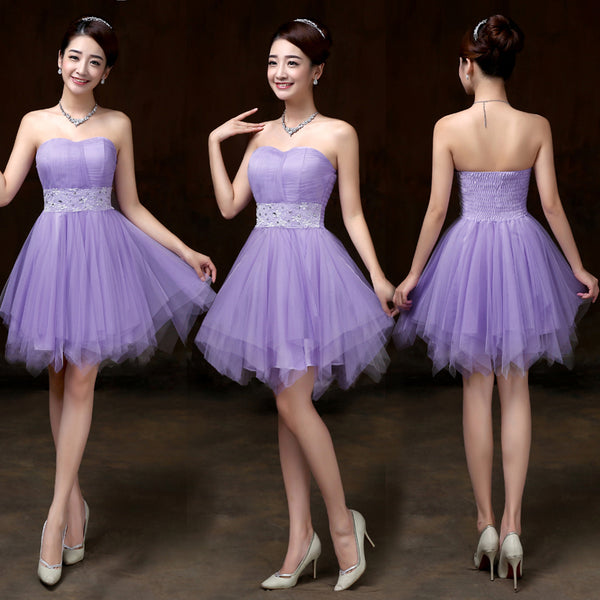 Beautiful Strapless Evening Purple Color Beading Prom Tutu Bridesmaid Dress