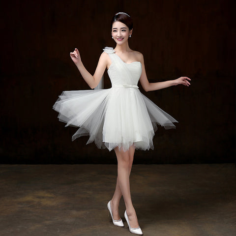 Attractive One Shoulder Evening White Color Beading Prom Tutu Bridesmaid Dress