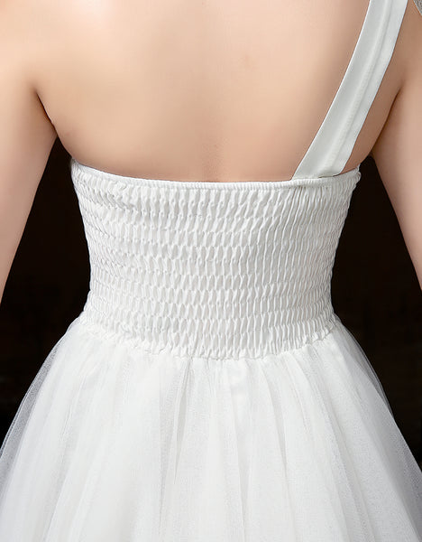 Attractive One Shoulder Evening White Color Beading Prom Tutu Bridesmaid Dress