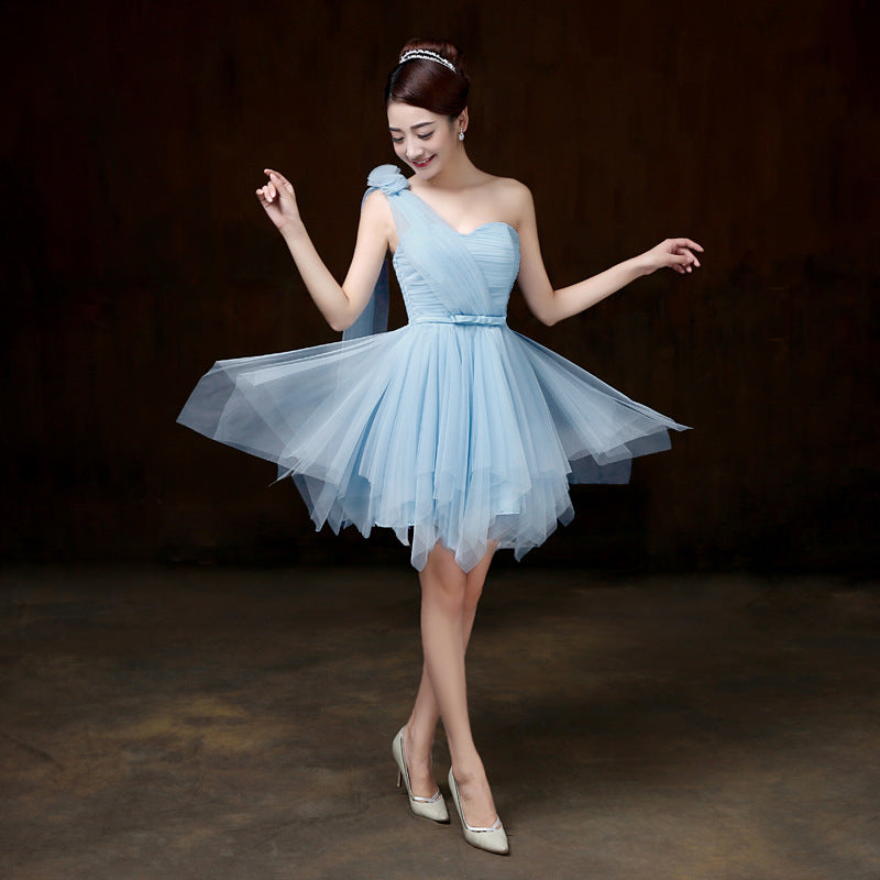 Attractive One Shoulder Evening Light Blue Color Beading Prom Tutu Bridesmaid Dress