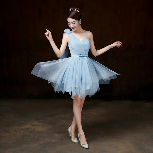 Attractive One Shoulder Evening Light Blue Color Beading Prom Tutu Bridesmaid Dress