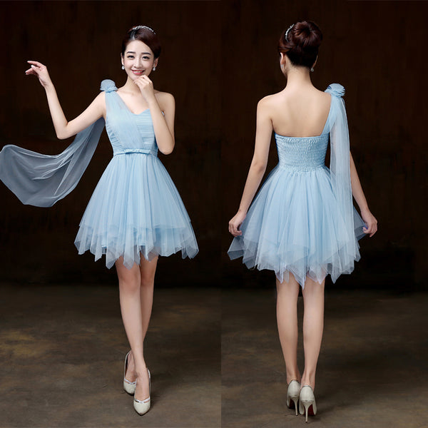 Attractive One Shoulder Evening Light Blue Color Beading Prom Tutu Bridesmaid Dress