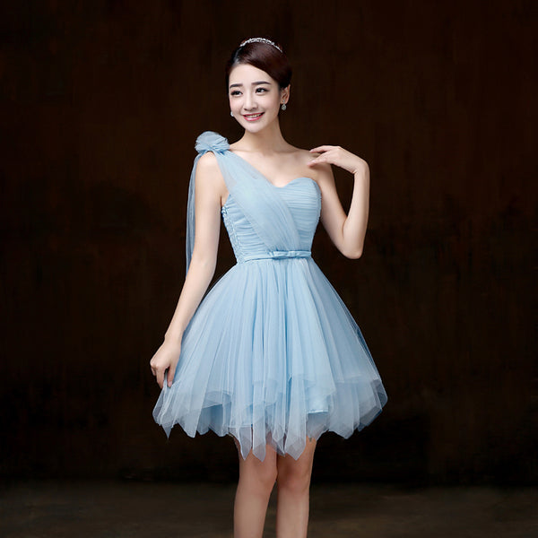 Attractive One Shoulder Evening Light Blue Color Beading Prom Tutu Bridesmaid Dress