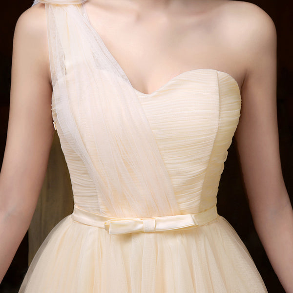 Attractive One Shoulder Evening Light Yellow Color Beading Prom Tutu Bridesmaid Dress