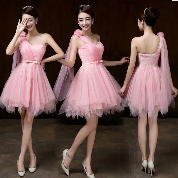 Attractive One Shoulder Evening Pink Color Beading Prom Tutu Bridesmaid Dress