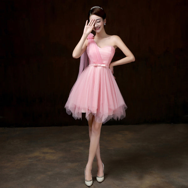Attractive One Shoulder Evening Pink Color Beading Prom Tutu Bridesmaid Dress