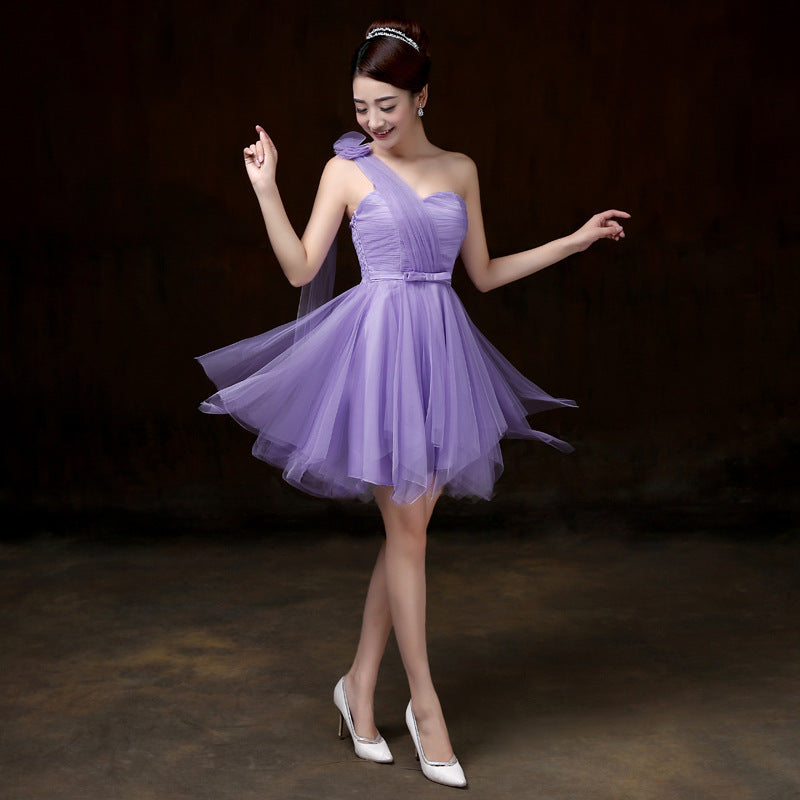 Attractive One Shoulder Evening Purple Color Beading Prom Tutu Bridesmaid Dress